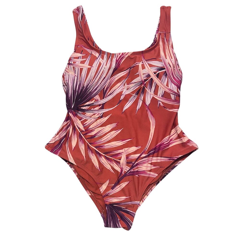 Kona Sol One Piece Swimsuit‎ Medium Burnt Orange Tropical Palm Twist Back NWOT